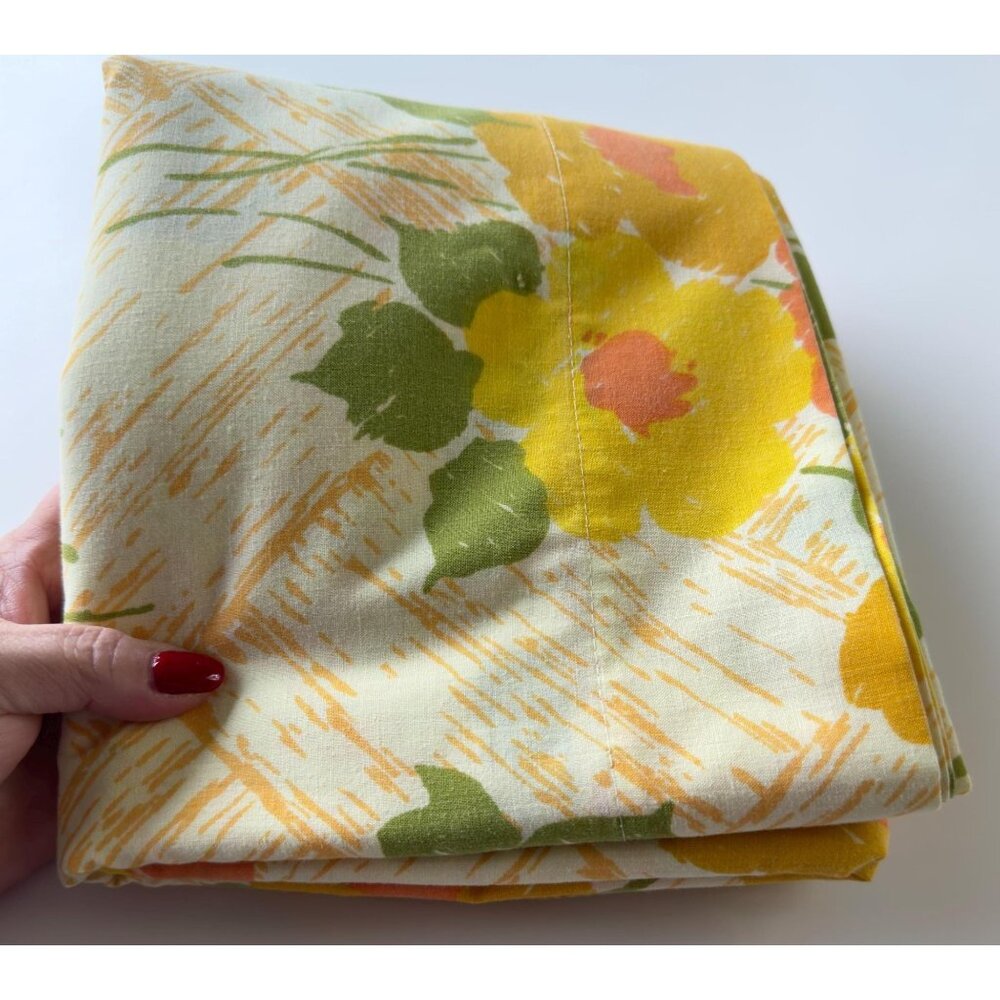 Vintage 70s flat / top sheet, yellow orange flowers, Tastemaker, full size bed